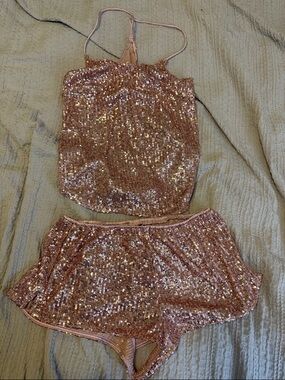 Victoria's Secret Rose Gold Sequin Tank and Shorts Set